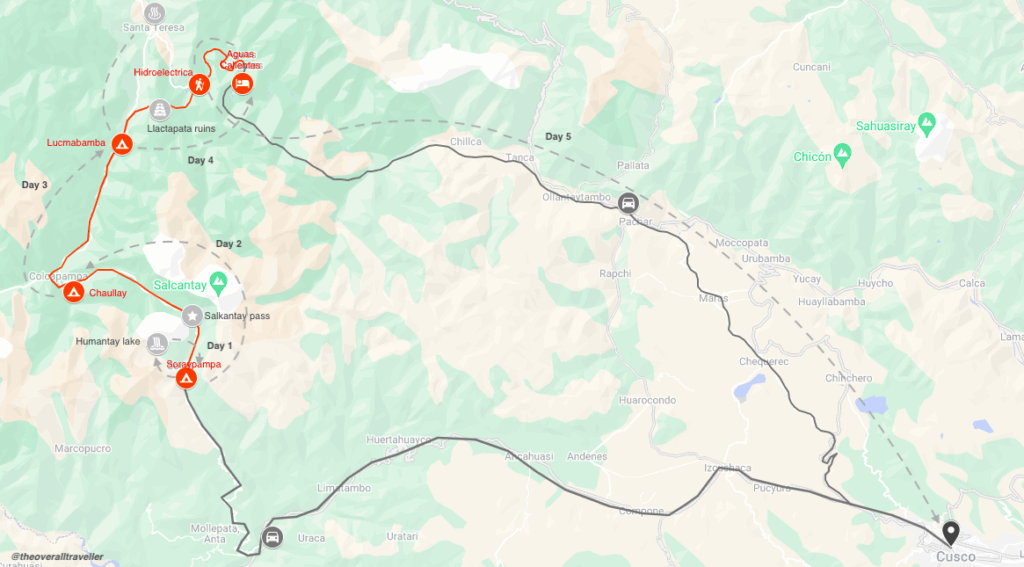 Map of Salkantay Trek to Machu Picchu